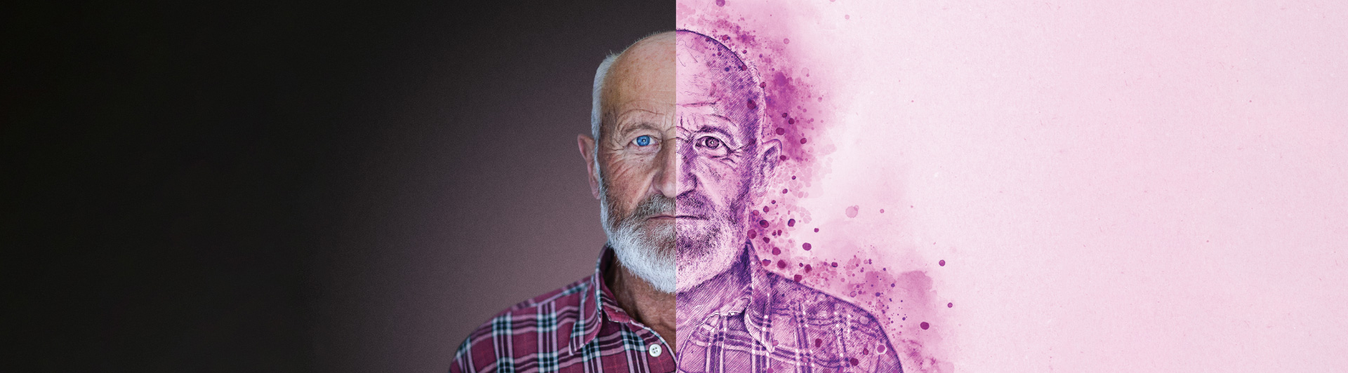 A patient's face with one side drifting into purple blood cells representing a hematologic neoplasm